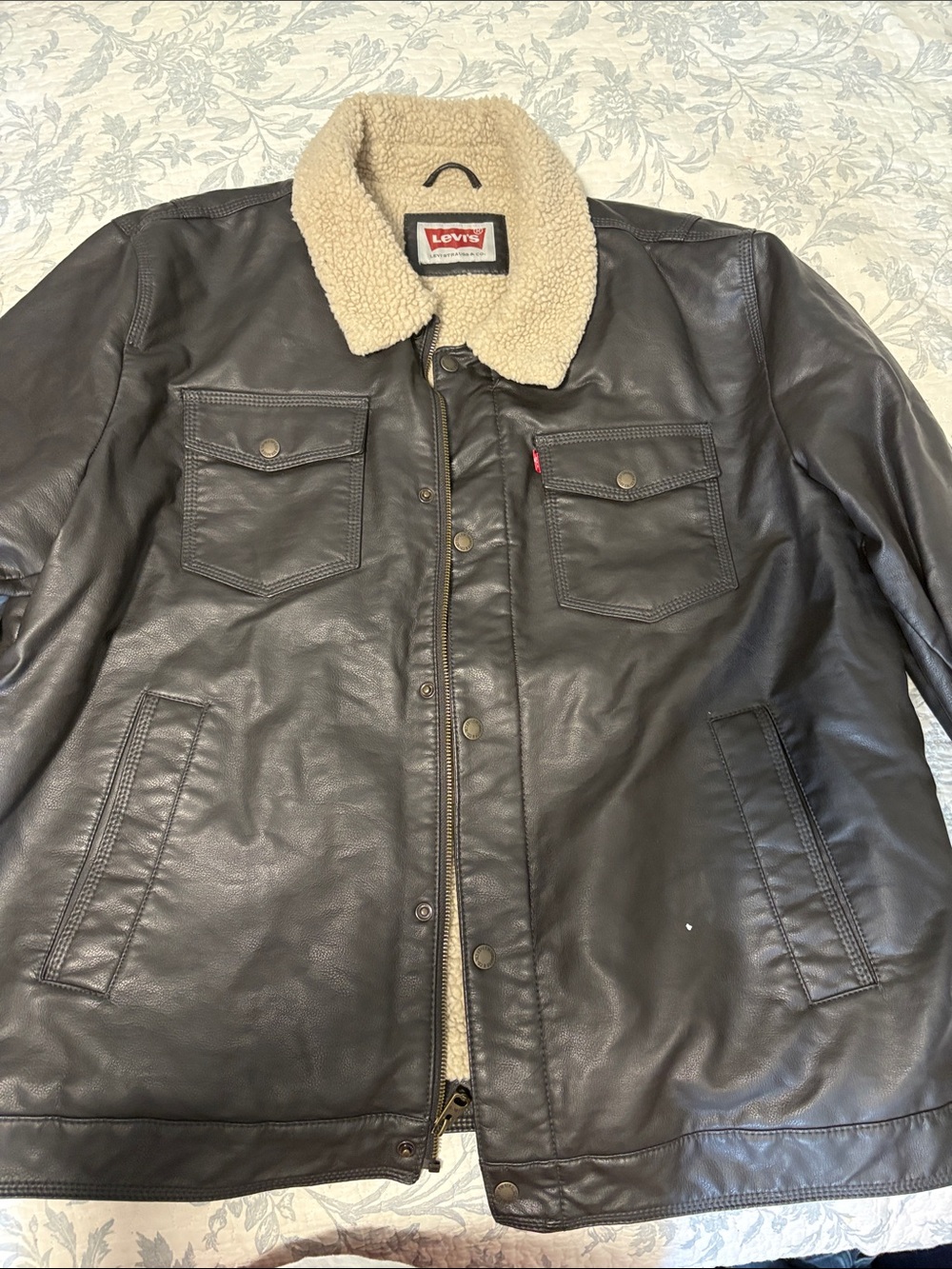 Levi's Men's Dark Brown Leather Bomber Jacket with Cream Sherpa Collar